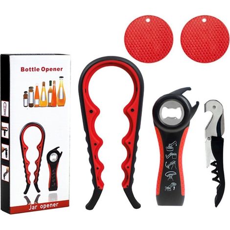 Ouvre-boîtes 5 en 1 pour conserves, bouteilles et tire-bouchons, en PP, silicone et acier inoxydable, poignée ergonomique pour seniors, noir et rouge. (1/5)