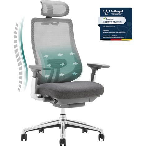 Smartue  ATLAS Sedia da ufficio ergonomica in rete – Sedia da direttore con poggiatesta, braccioli 4D, seduta scorrevole e blocco dell'inclinazione, grigio scuro
