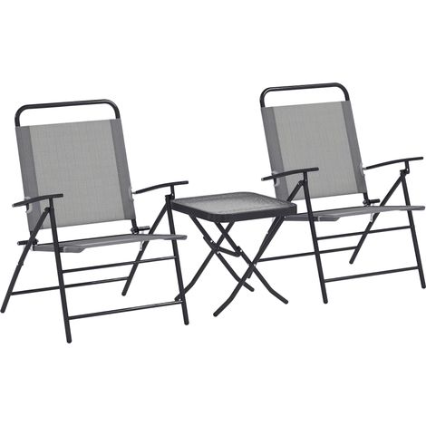 3-teiliges Garten-Set mit 2 klappbaren Gartenstühlen mit verstellbarer Rückenlehne und Tisch, Gartenmöbel-Set aus Stahl und Glas, Bistro-Set für Terrasse und Hof, grau