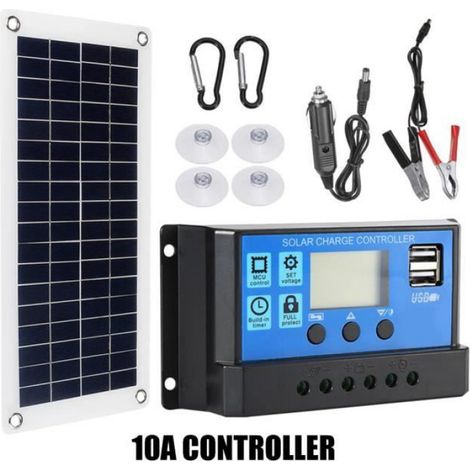 Panneau Solaire - 100 W - Contrôleur Intégré 10 A - Sorties USB Double - Pour Camping Extérieur et Voyage (1/4)