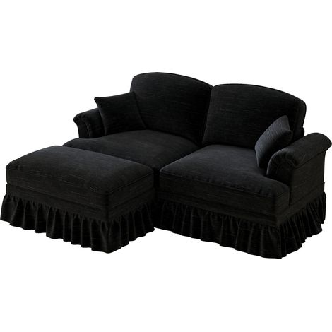 Divano 2 Posti con Pouf 194x140x93cm, Comfort Profondo, Schienale Segmentato, Cuscino Mobile, Chenille Nero, per Soggiorno
