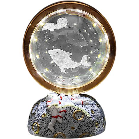 Sphère Lumineuse 3D Astronaute avec Sculpture Cristal, Objet Décoratif Bureau Rotatif, Cadeau Original Créatif (Dauphin Regardant La Lune)-KZQ