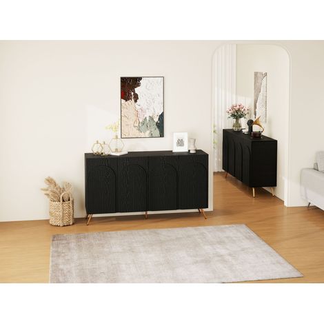 Buffet noir Mid-Century en bois composite avec portes cintrées 3D, étagères réglables et pieds dorés pour entrée et salon (1/5)