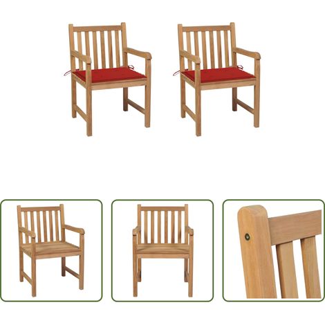 Meubles de jardin en teck - Chaises de jardin lot de 2 et coussins rouge Bois teck massif (1/5)