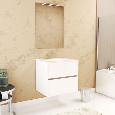 Pack Mueble de Baño 60 cm Blanco 2 cajones, Lavabo, Espejo 60x80 y Aplique Led