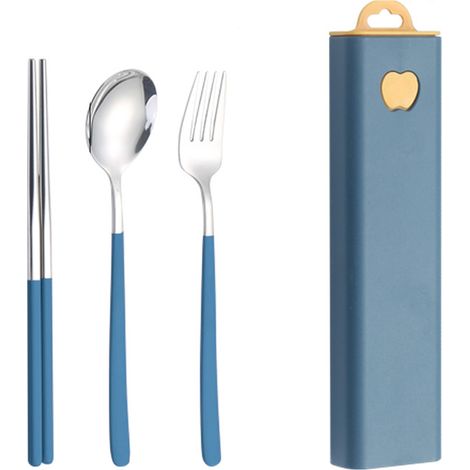 Ensemble de couverts réutilisables pour la maison avec étui, couverts de voyage en acier inoxydable, 3 pièces (fourchette, cuillère, couteau) avec manches colorés. (1/5)
