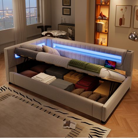 Cama dormitorio con almacenaje LED USB beige OKMYHOME (1/5)