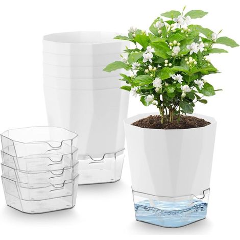 6 Pcs Pots de Fleurs en Plastique, 12.5cm Pot de Fleurs Auto-Arrosant,Pots de Plantes avec Trous De Drainage et Réservoir d'eau Amovible pour d'Intérieur d'Extérieur Jardins de Balcon, Blanc