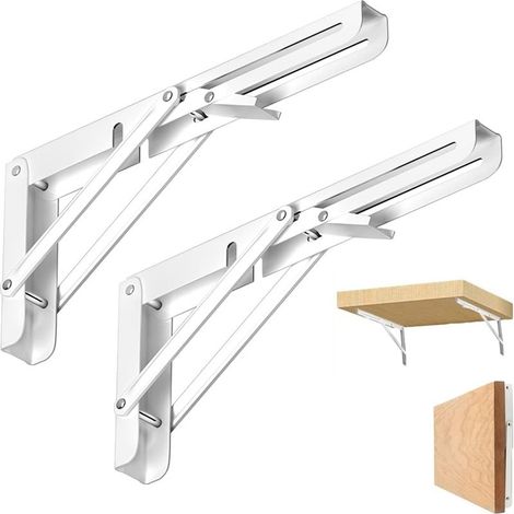 2 Pièces Equerre Pliante, 200mm Équerre Pliable, Acier Inoxydable Equerre Etagère Pliante, Blanc Equerre Tablette pour Établis pour Gagner de La Place Dans La Maison (1/5)