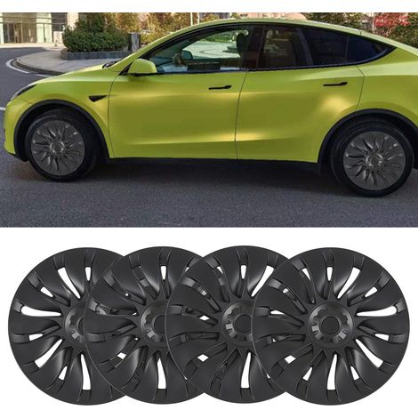 (T04) (Video verfügbar) 4 symmetrische, mattschwarze Radkappen für 19-Zoll-Felgen des Tesla Model Y (2020–2023) (zweite Generation, symmetrisch, ohne Markierungen) – geeignet für übergroße und schwere (1/5)