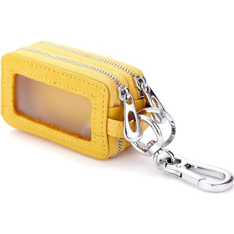 Porte-clés zippé en cuir fait à la main (jaune) (1/3)