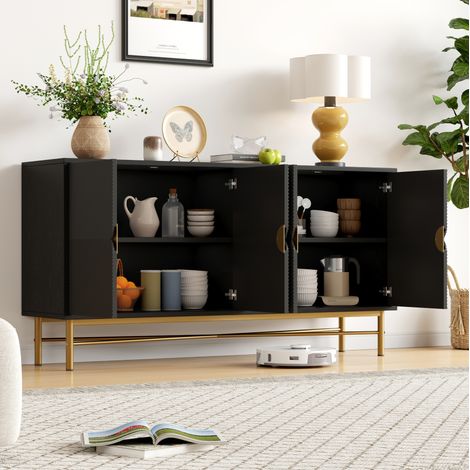 Aparador de MDF y aglomerado negro 160 x 40 x 82 cm, 4 puertas, bisagras de cierre suave (1/5)
