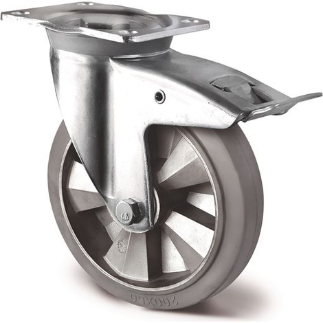 TECWERK Schwerlastlenkrolle Rad-Ø 200 mm Tragfähigkeit 500 kgTotalfeststeller Elastikgummi Bauhöhe 255 mm