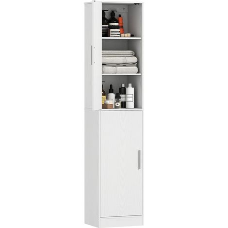 Mueble de baño alto 180 cm, mueble de baño estrecho con 2 puertas, 4 estantes regulables, aglomerado, MDF, blanco