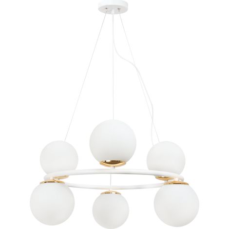 AURA WEISS-GOLD-HÄNGELAMPE 6 FLACHE WEISSE LAMPENSCHIRME E14 (1/5)