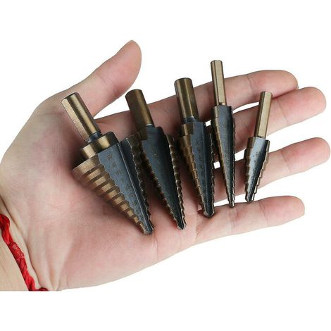 Juego de 5 brocas escalonadas para metal, fresas cónicas triangulares de titanio HSS de 5-35 mm para acero, madera, latón, aluminio y PVC. (1/2)