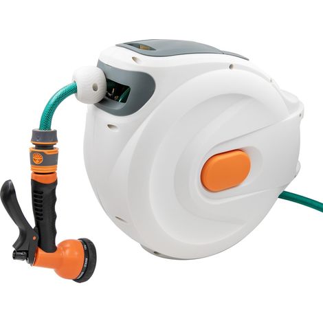 Enrouleur de tuyau d'arrosage rétractable de 20 m, modèle robuste, à enroulement automatique, pour usage extérieur, avec buse à 8 jets et support pivotant à 180° (1/5)