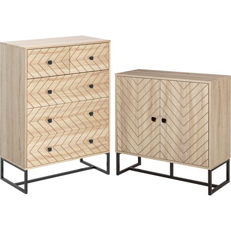 HOMCOM conjunto de armarios incluye 1 cajonera de 5 cajones y 1 aparador con 2 puertas y estantes para salón dormitorio estilo moderno natural (1/5)