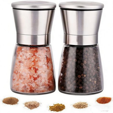 Moulin à Sel et Poivre - Acier Inoxydable Brossé - Verre Trempé - Réglage de la Mouture - Hauteur 14 cm - Lot de 2 (1/5)
