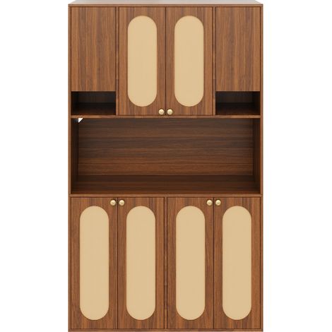 Armoire haute avec 8 portes en MDF et inserts en PE-Rattan, bar maison avec éclairage LED réglable, pour salle à manger, salon et entrée (1/5)