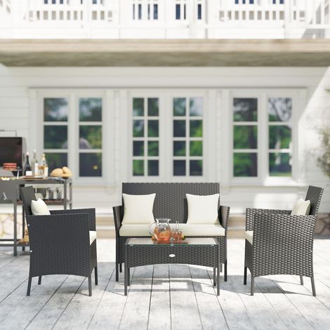 Lot de 4 meubles d'extérieur en rotin : 2 fauteuils, canapé 2 places, table basse. (1/5)