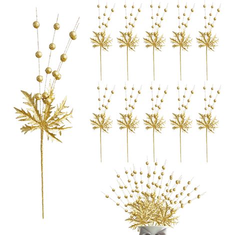 10 tallos de bayas, purpurina dorada, espuma flexible, 38 cm, decoración para árbol de Navidad, boda, fiesta (1/5)