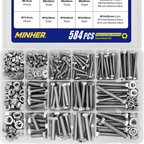 584 Pcs M6 M8 M10 Boulons et écrous Rondelles Ensemble 304 Acier Inoxydable de Coin Extérieur Vis Hexagonale (1/5)