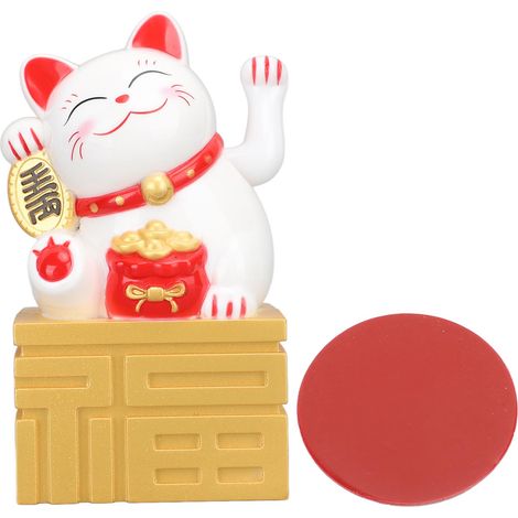 Statuette Chat Porte-Bonheur Solaire avec Bras Mobile, Décor de Bureau Feng Shui Blanc 4 Pouces (1/5)