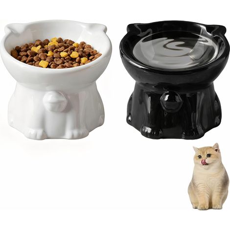 2-teiliger, erhöhter Keramik-Katzennapf, Anti-Erbrechen, 15° geneigter Futter- und Wassernapf für Katzen und Welpen (Weiß, Schwarz) (1/5)