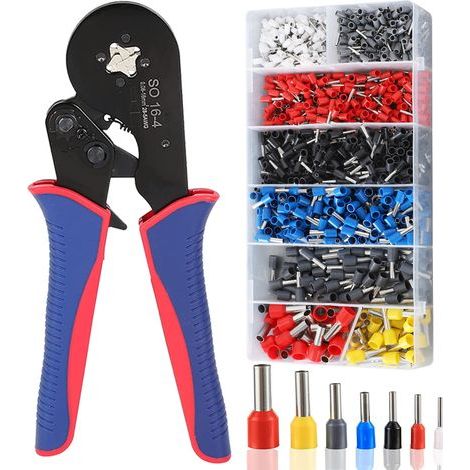 Pince à sertir virole auto-réglable 0.08-16mm², Kit 1200 viroles + 9 embouts isolés, Outil de sertissage hexagonal pour câblage électrique automobile (1/5)