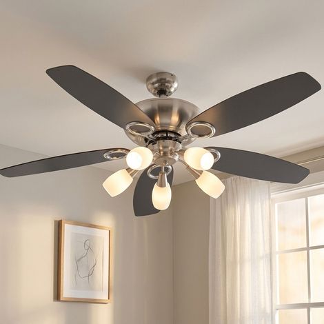 Ventilatore da soffitto ventilatore raffreddatore a tirante lampada da soggiorno raffreddatore da camera, nichel cromato opaco, MDF, 5x E14 LED, DxH 130x49,5 cm (1/5)