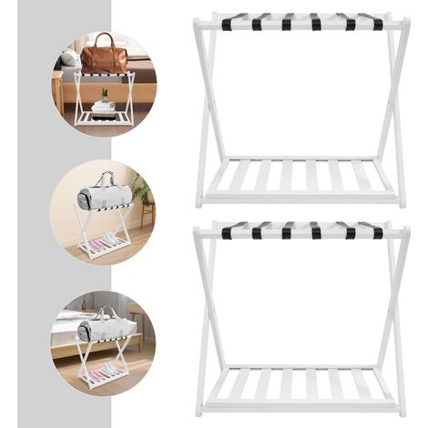 2 Pack Bamboo Luggage Rack for Guest Room, 25.2" Folding Wide Suitcase Stand with Storage Shelf, Thickened Luggage Stand Holder for Bedroom Hotel, Luggage Rack for Suitcases (White)