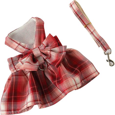 Robe harnais pour chien élégante et mignonne à carreaux avec nœud papillon, respirante et confortable, avec laisse pour animaux de compagnie, idéale au quotidien, pour les mariages et les fêtes, rouge (1/4)