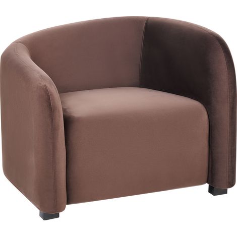 Sillón moderno elegante de terciopelo respaldo curvo con reposabrazos tapizado marrón oscuro Veltada