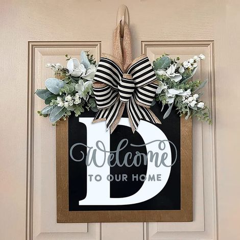 Couronne porte année - Letter Welcome Sign avec guirlande artificielle et cordon burlap - Bois (1/5)