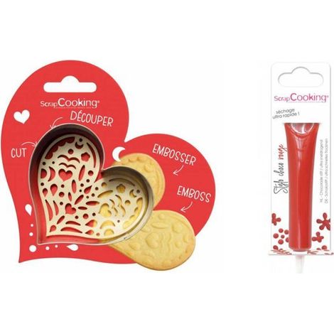 Kit pour biscuit en relief Coeur + Stylo au chocolat rouge