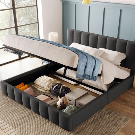 Bett Doppelbett modern 140x200 cm aus Leinen in Grau, verstellbares Kopfteil und Bettkasten mit Lattenrost (1/5)