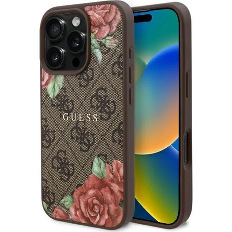 Funda rígida Guess GUHMP16LP4ROPEMCW para iPhone 16 Pro de 6,3 pulgadas, color marrón/marrón, 4G, estampado floral, MagSafe (1/5)