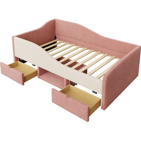 Cama infantil tapizada 90 x 190 cm de terciopelo con 2 cajones y barreras rosa crema (1/5)