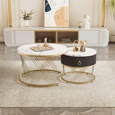 Lot de 2 tables basses gigognes rond avec effet marbre, tiroir de rangement et structure en métal, tables d'appoint modernes pour salon, φ70cm et φ50cm - blanc (1/5)