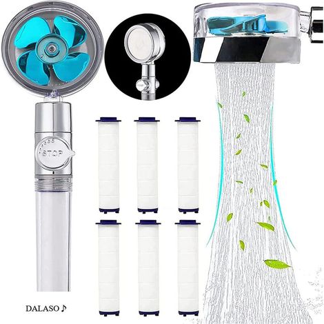 Douchette, Pommeau de Douche anti calcaire economie deau, Pommeau de Douche Helice Haute Pression Pivotant 360 , Filtre Trois Niveaux Systme de Filtrage avec,6 Coton PP Remplaable (bleu 1) (1/5)