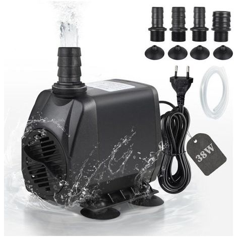 Tauchpumpe 2000 l/h, Teichpumpe, 38 W, Filterpumpe, Springbrunnenpumpe, Futterpumpe, Bachpumpe mit 2 m Kabel, Schlauch und 4 Düsen für Teich und Aquarium (1/5)