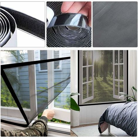 Lot de 2 moustiquaires à découper soi-même - Sans perçage - Avec bande Velcro - 130 cm x 150 cm - 2 bandes Velcro noires (1/4)