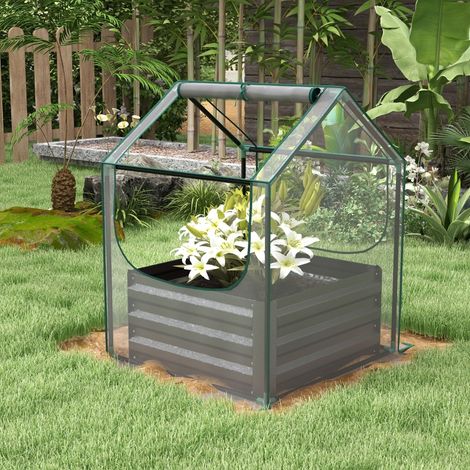 Carré potager de jardin avec mini serre, jardinière surélevée en acier galvanisé, 70 x 70 x 90 cm, gris foncé (1/4)