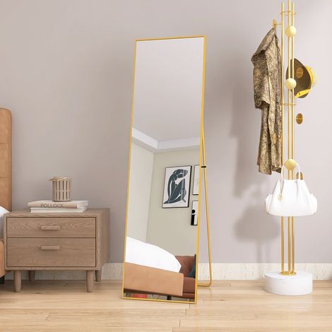 Miroir pleine Rectangle, Miroir sur pied Doré, Miroir Mural 140x40 cm, avec Support, cadre en alliage d'aluminium, Salon, Chambre (1/5)