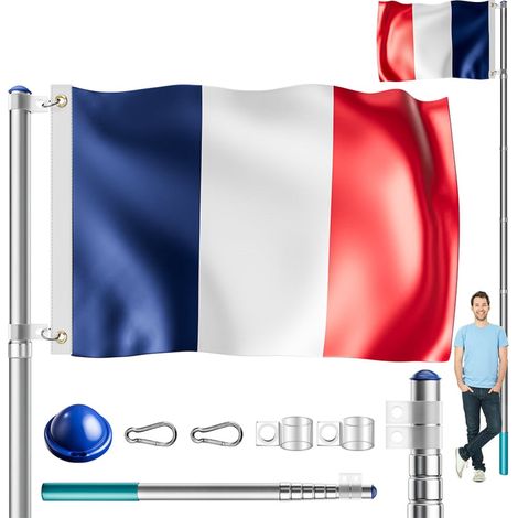 MONZANA® Mât de drapeau télescopique aluminium 630cm douille de sol 60cm drapeau inclus   France