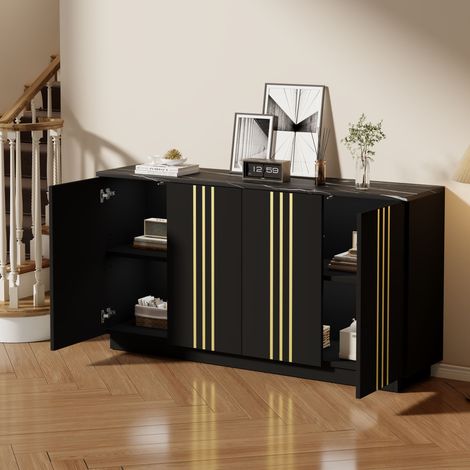 Buffet de rangement pour salon ou cuisine avec 4 portes, étagères réglables, 140x35x70 cm, panneaux de particules, noir et doré