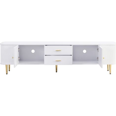 Mueble TV blanco de MDF con 2 cajones y 2 puertas, patas y tiradores dorados, 170 x 34 x 45 cm (1/5)