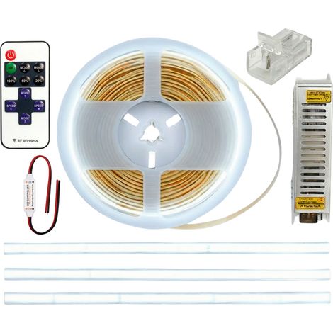 Kit LED COB 10m 12V 6000K Bianco freddo Colore intenso Alimentatore Telecomando Completo (1/5)