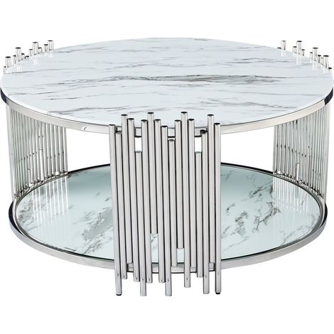 Table Basse ronde STICK Chrome et plateau en verre MARBRE BLANC D90 H45 cm (1/3)